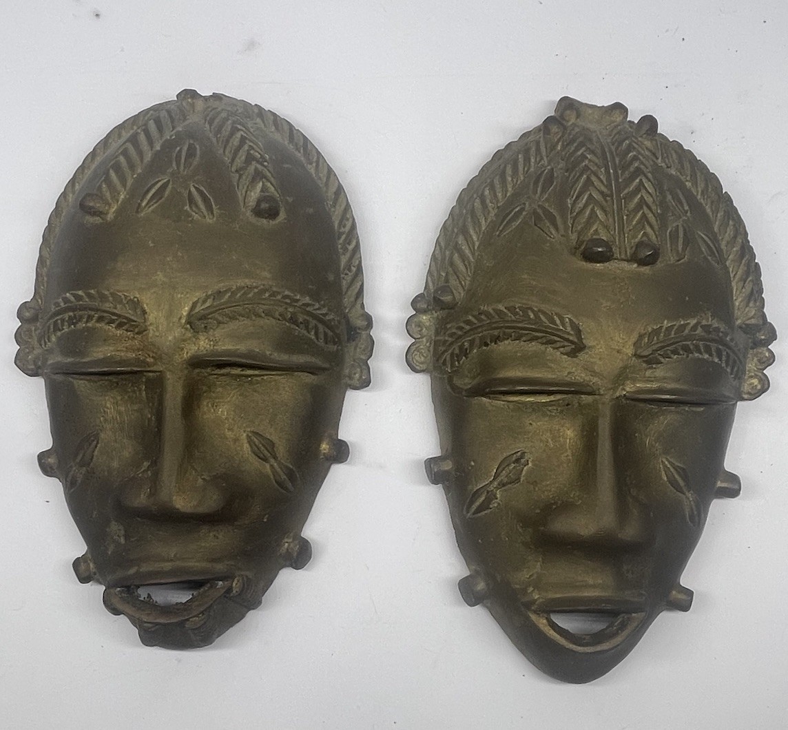 Stunning Pair of Vintage West African Baule Style Cast Brass/Bronze Face Masks