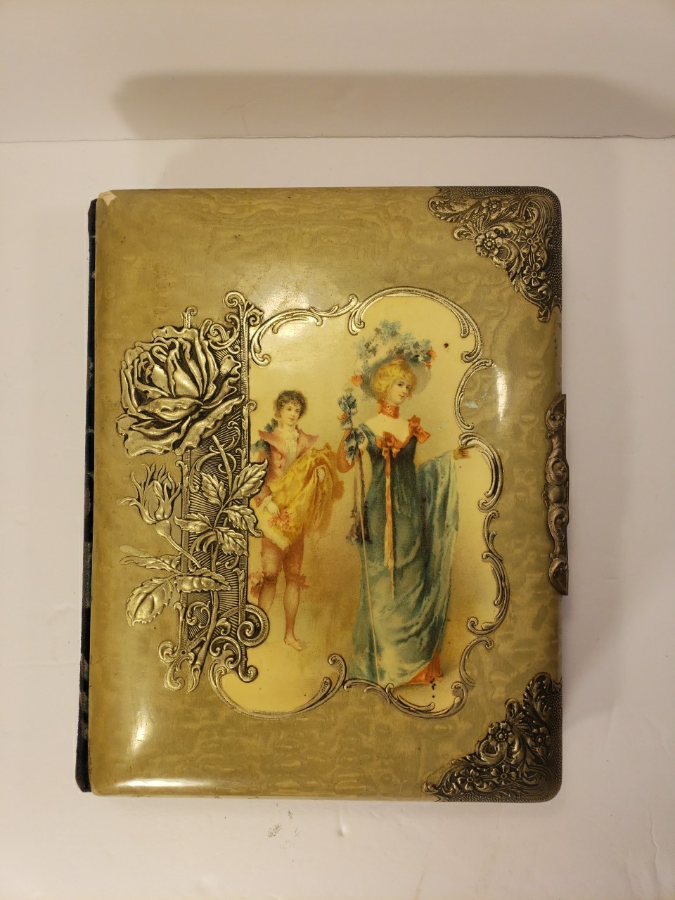 Antique Victorian Photo Album Empty Celluloid Silver Rose Ladies Blue Velvet 10