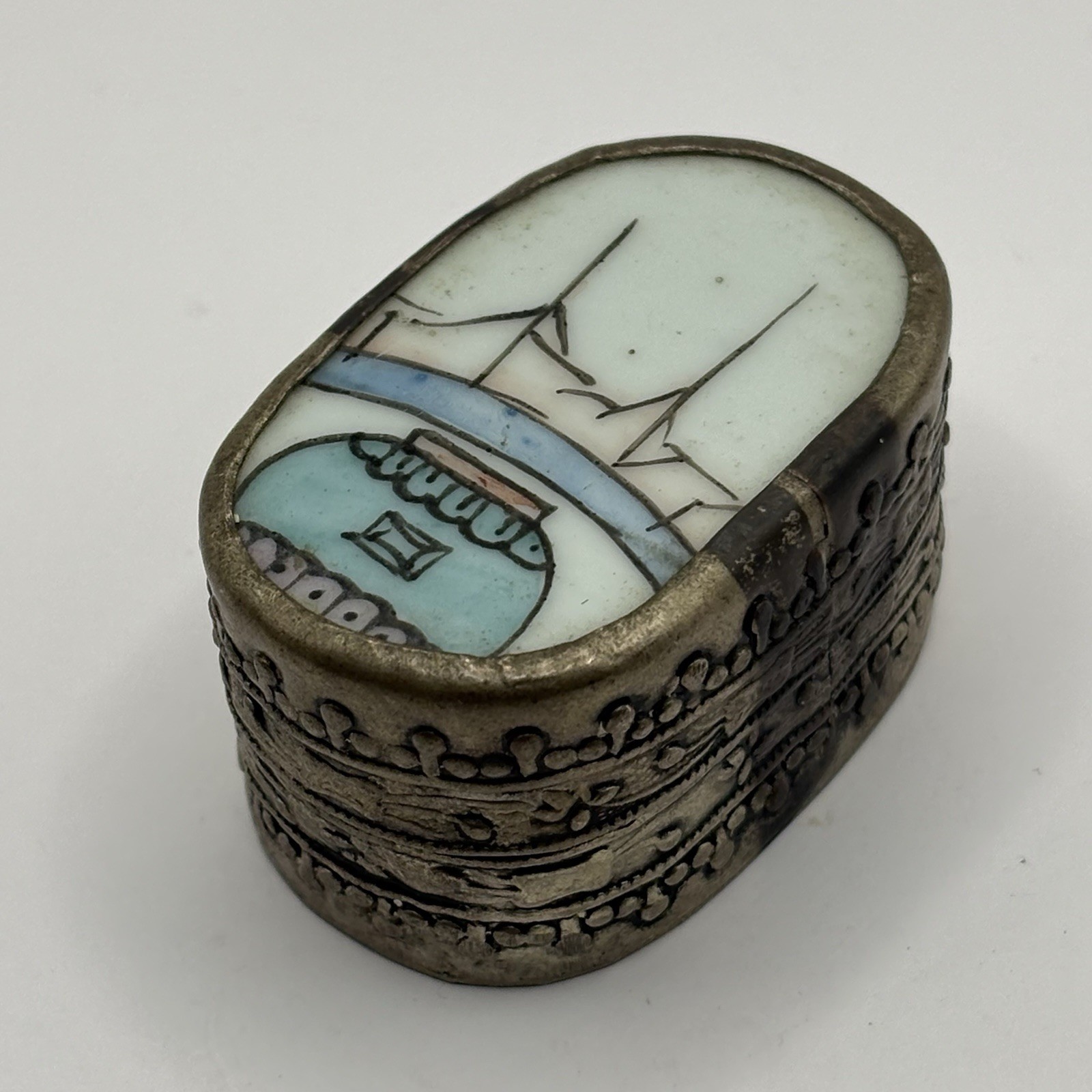 Vintage Hand Painted Landscape Trinket Box Silver Tone Metal Pill Box