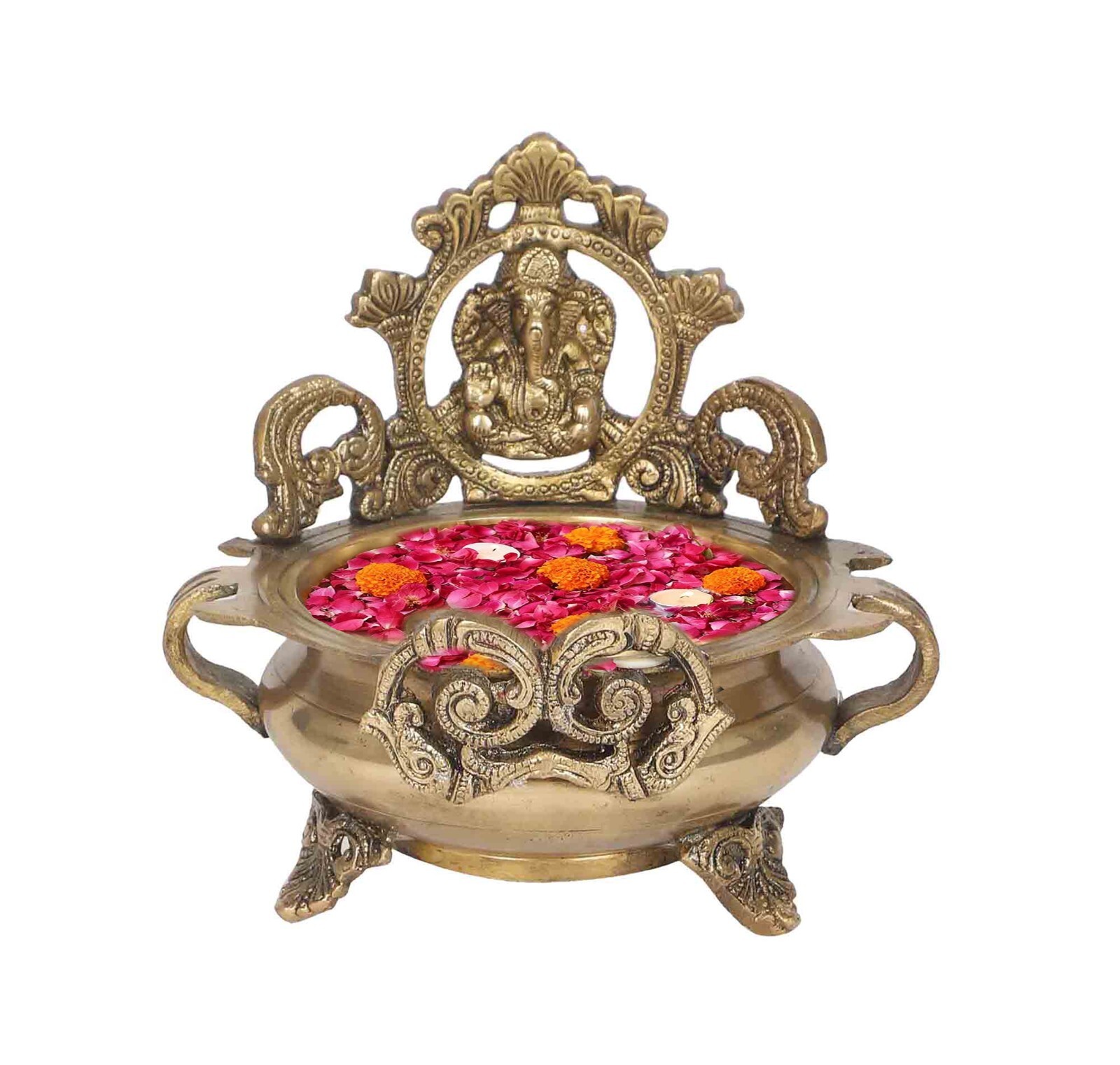 Brass Ethnic Carved Ganesha Design  Brass Decor Urli Decor Bowl Showpiece