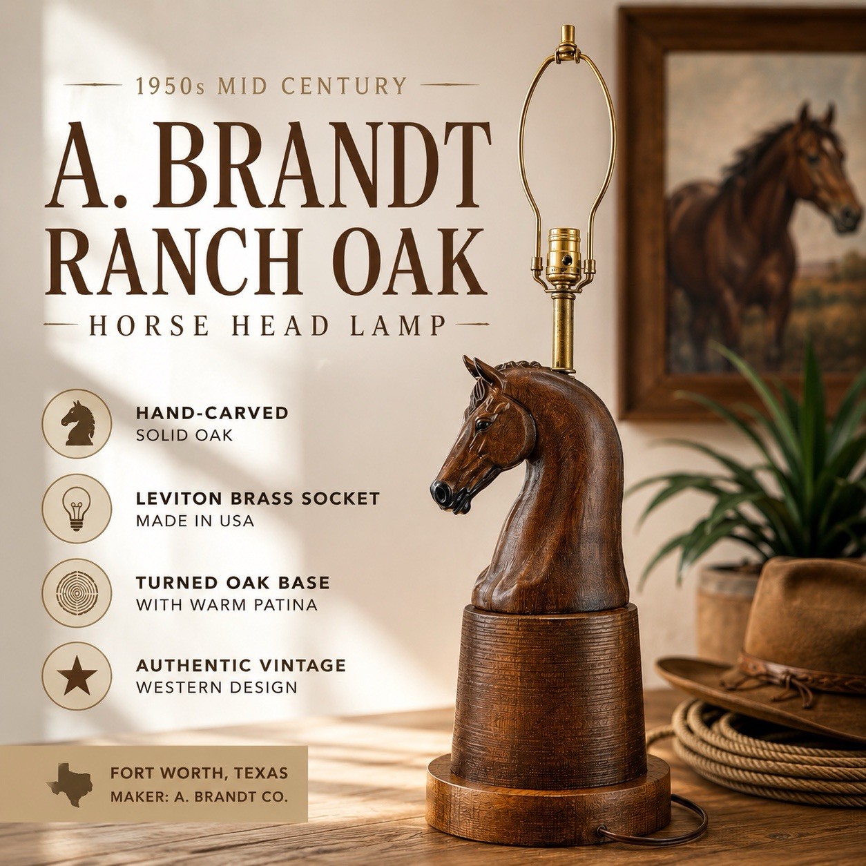 1950s A. Brandt Ranch Oak Horse Head Table Lamp Leviton Mid Century USA