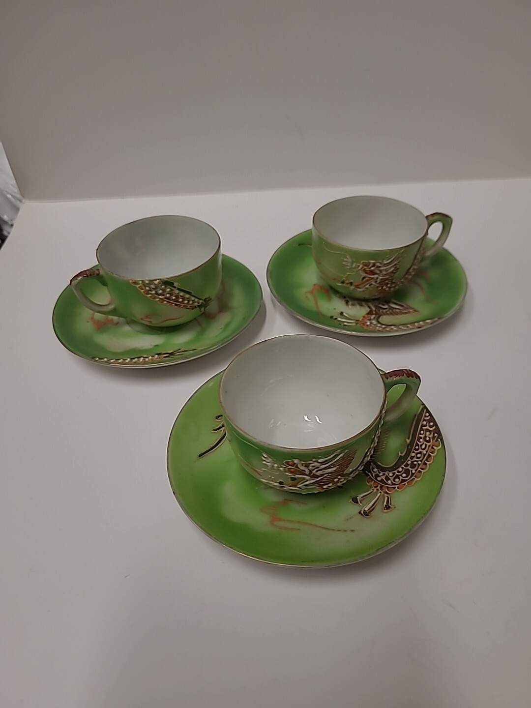 Antique 3 Piece Japan Dragon Tea Cup And Saucers