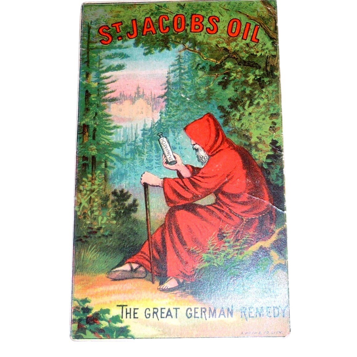 Antique St Jacobs Oil Trade Card The Great German Remedy Monk Red Robe Victorian