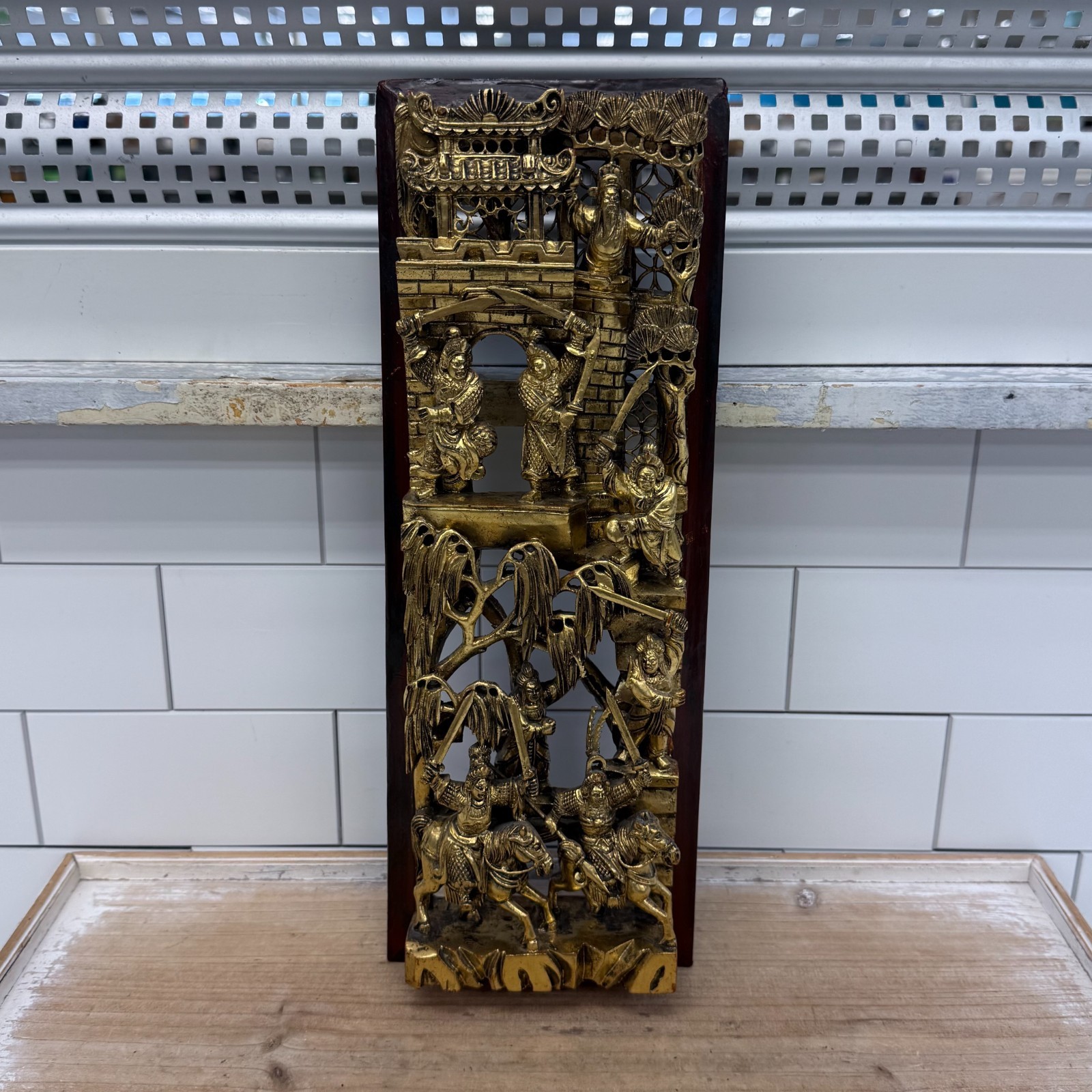 Vintage Chinese Gilt Wall Panel Carved Wood Figural 1960s