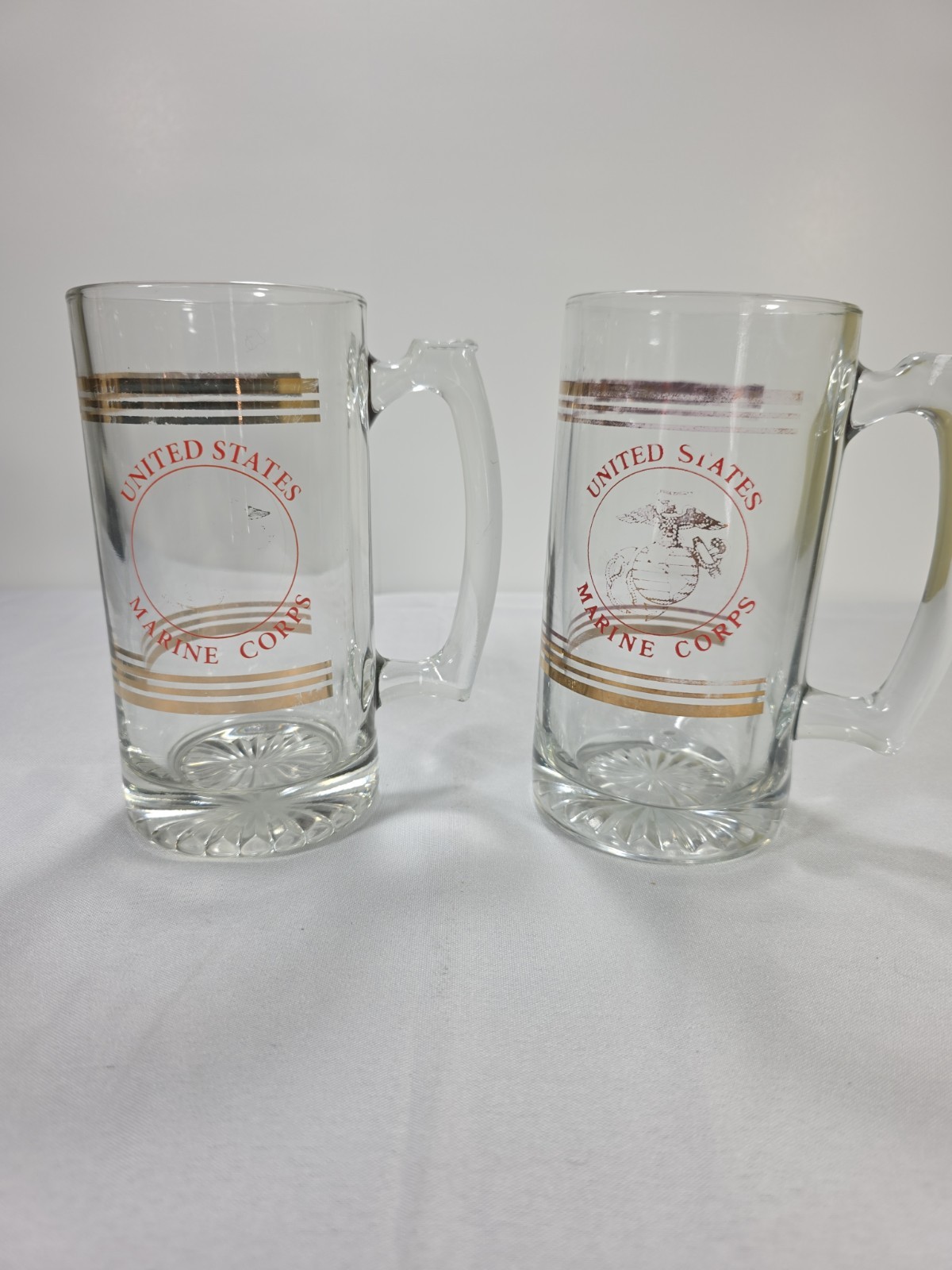 Vintage USMC United States Marine Corps Glass Beer Mugs Set of 2 Gold Trim Faded