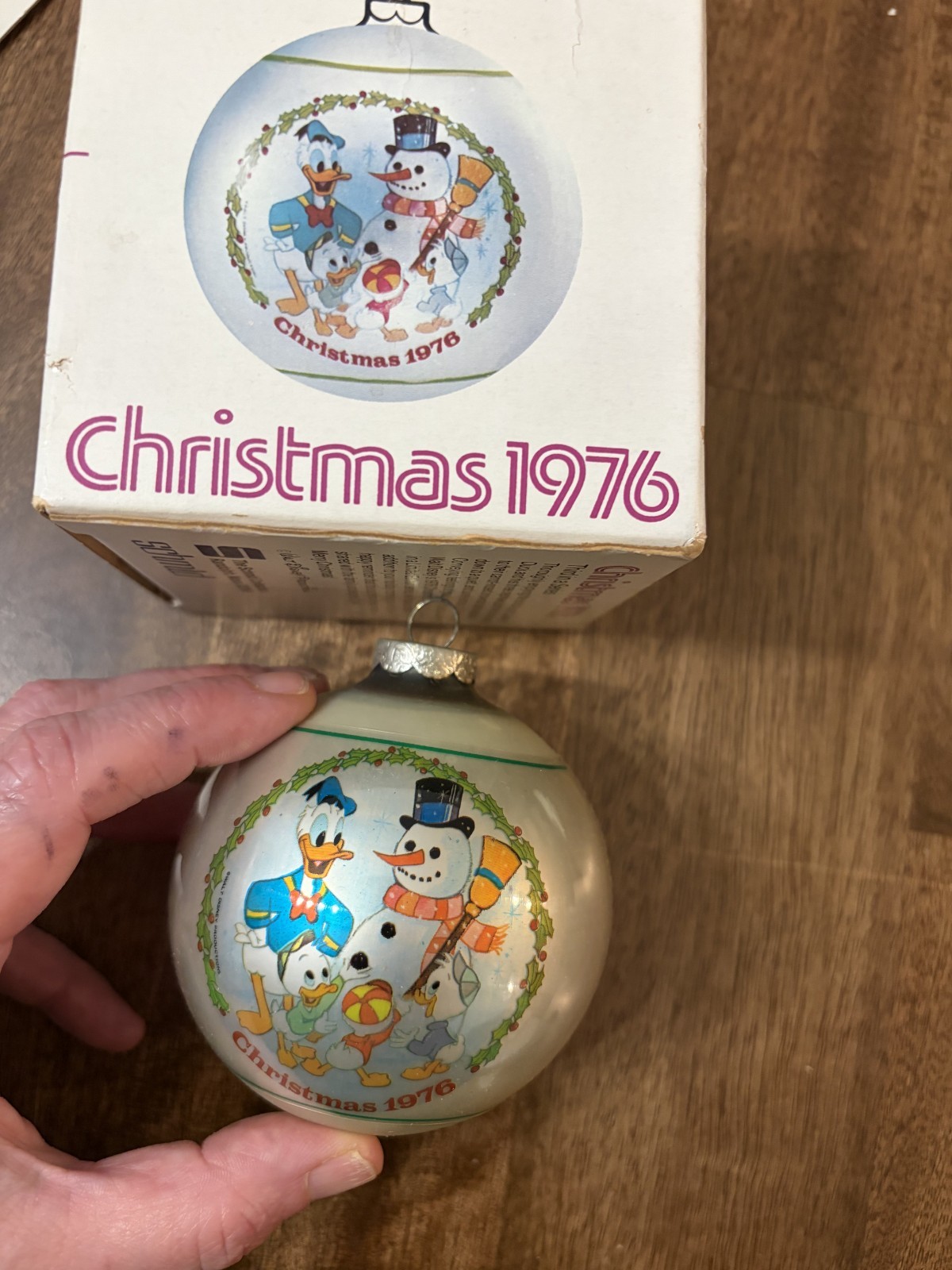 Vintage Schmid Disney Christmas 1976 Donald Duck Snowman Glass Ornament Box
