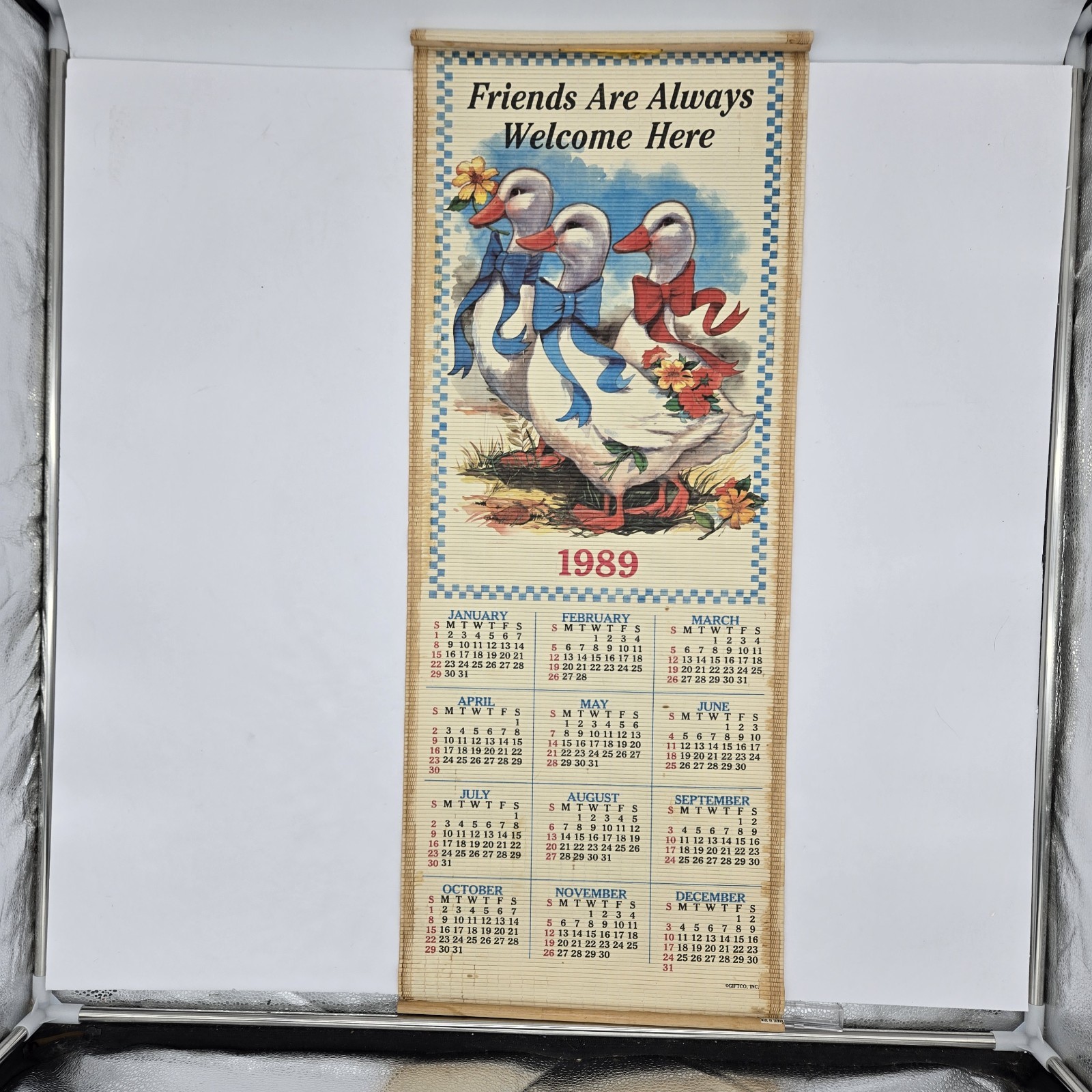 Vtg 1989 Giftco Bamboo Scroll Calendar Goose Geese Country Cottagecore Granny