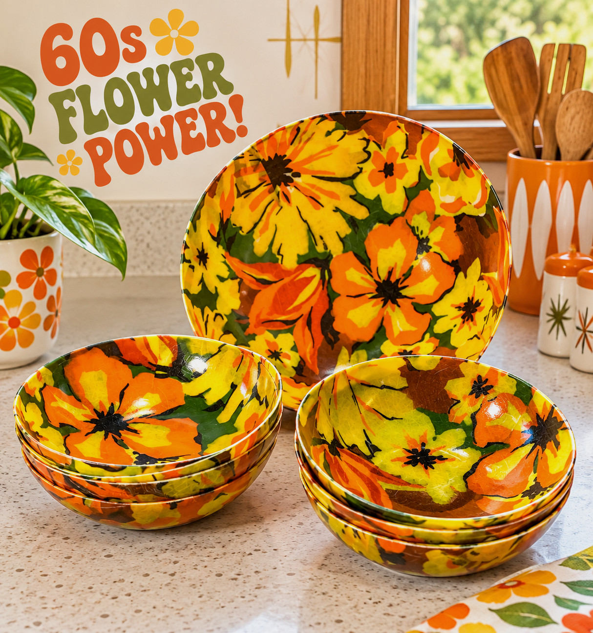 Rare Retro 1960s Flower Power 9 Piece Salad Bowl Set Vintage MCM Fiberglass