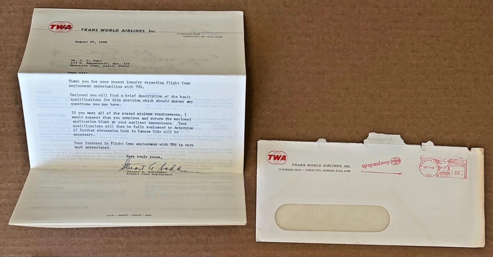 Vintage 1968 TWA Response Letter, Flight Crew Job Application Packet & Envelope