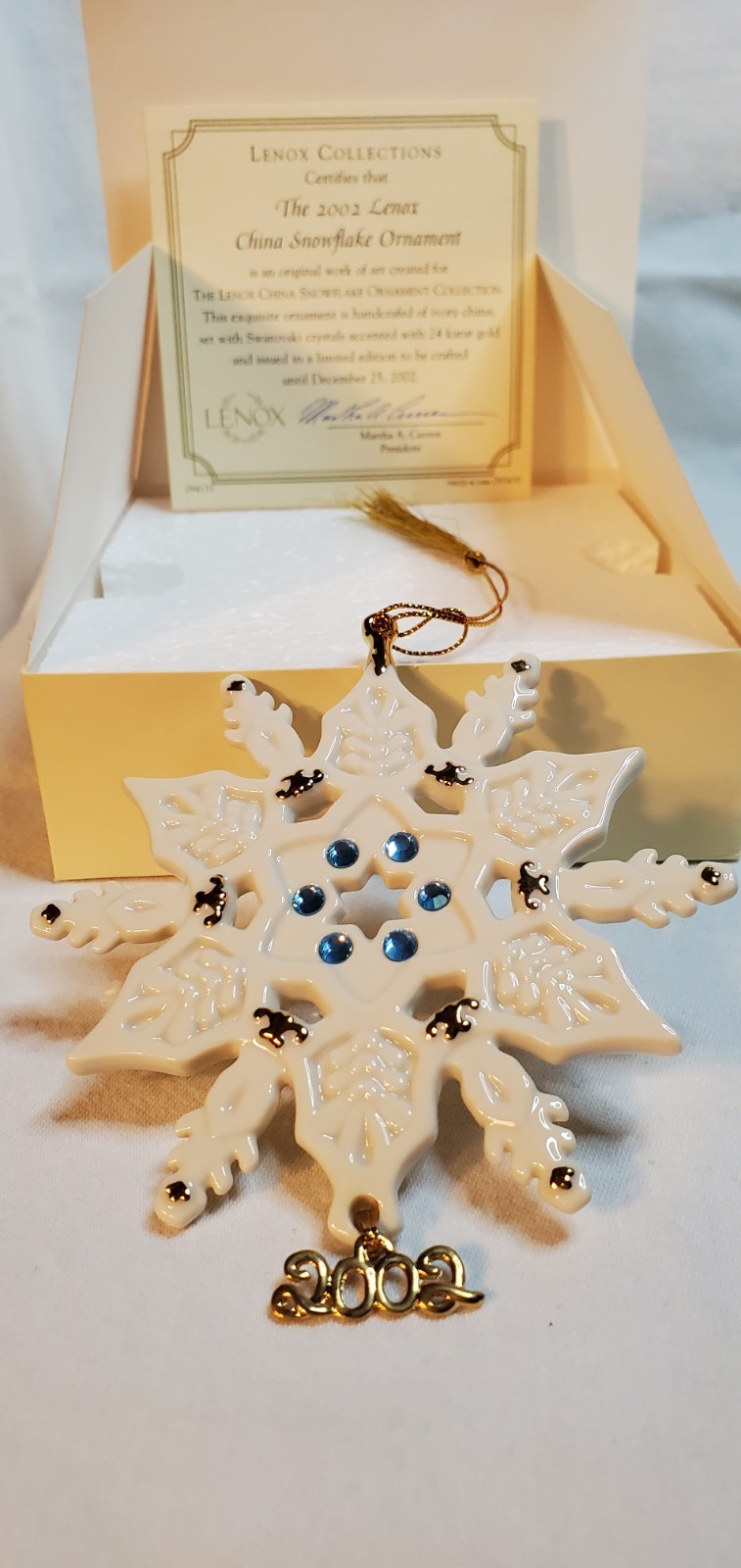 Lenox 2002 Swarovski Gemmed Snowflake 24 kt Christmas Tree Ornament in Box COA