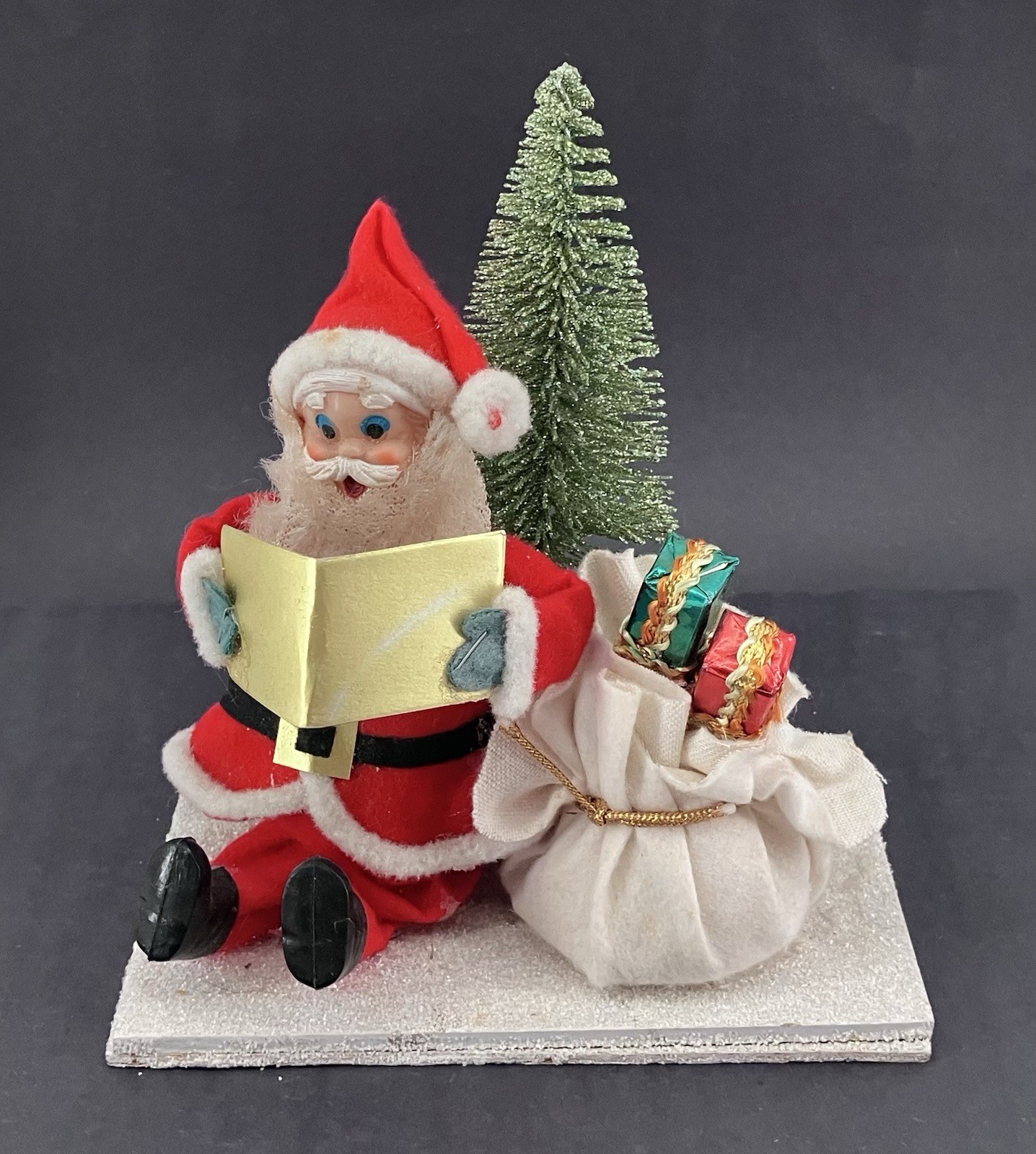 VTG Santa Clause Figure Felt Plastic Face Faux w/ Sack of Gifts MCM Decor Japan