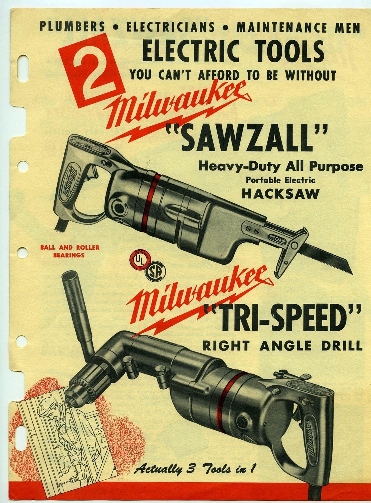 Milwaukee Electric Tools 1951 Promotional Flyer SAWZALL + TRI-SPEED 4 page flyer