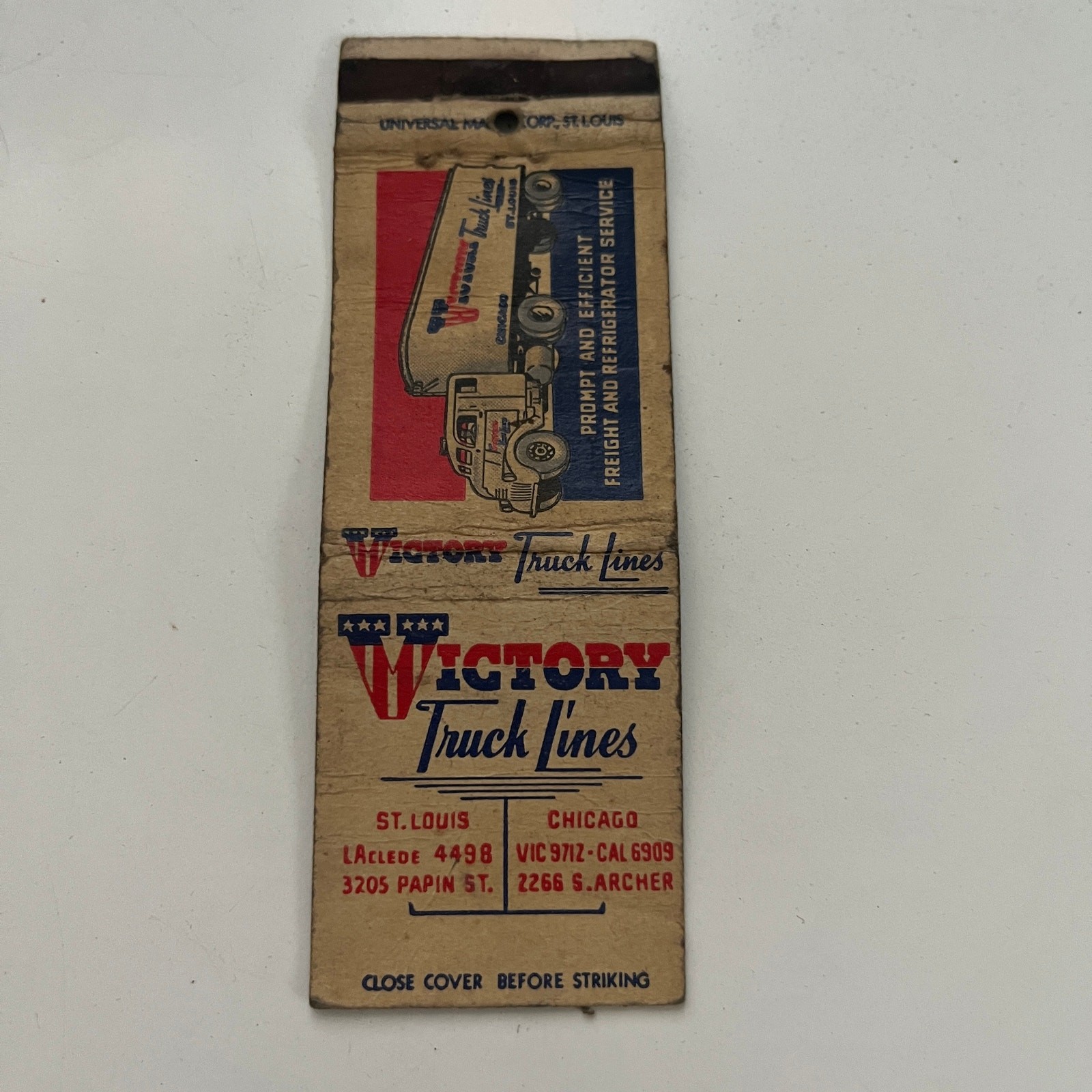 Victory Truck Lines 3205 Papin St St Louis Vintage Matchbook Cover SMB9-4