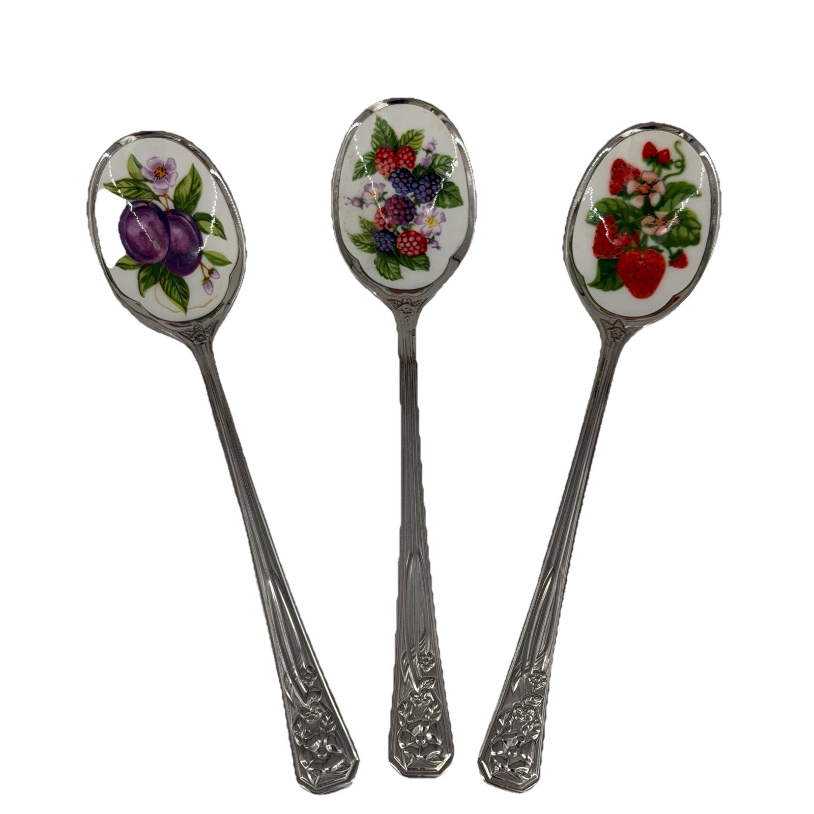 Avon 1982 Vintage Fruit Jelly Jam  Spoons Stainless Steel and Enamel Set of 3