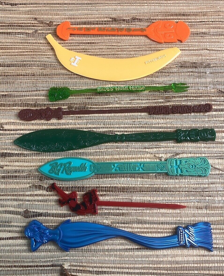 8 TIKI Bar Swizzle Stick Tonga Hut High Roller Hidden Harbor Tabu Hades\' Trader