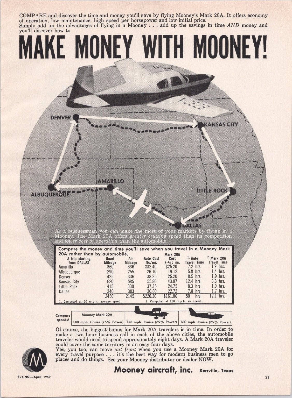 Mooney Mark 20A Vintage Magazine Ad 1959 Airplane Map Business Travel Flying