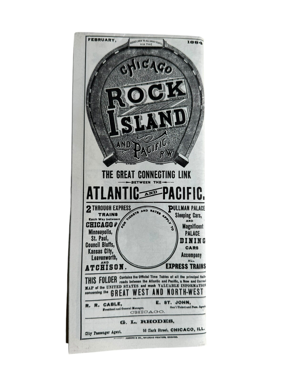 Feb 1882 Chicago Rock Island Pacific railroad public time table Printed 1973’s