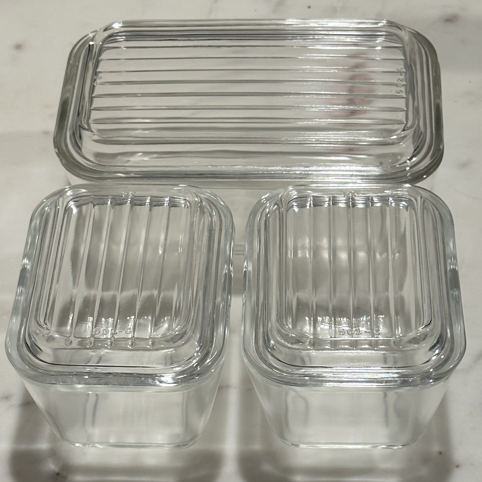 Vintage Pyrex clear glass refrigerator dish set (2) 501 + (1) 502 top and bottom