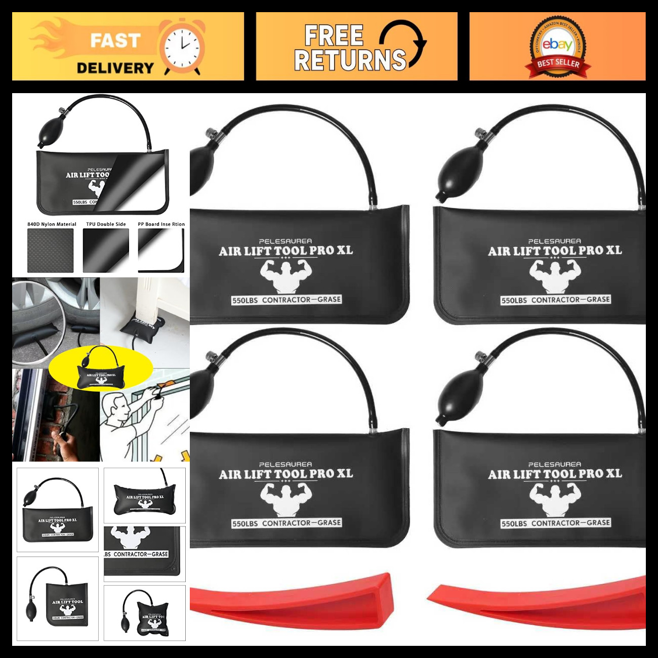 Air Wedge Bag 4pcs, Inflatable Air Shim with Pry Bars, Commercial Grade Air Wedg