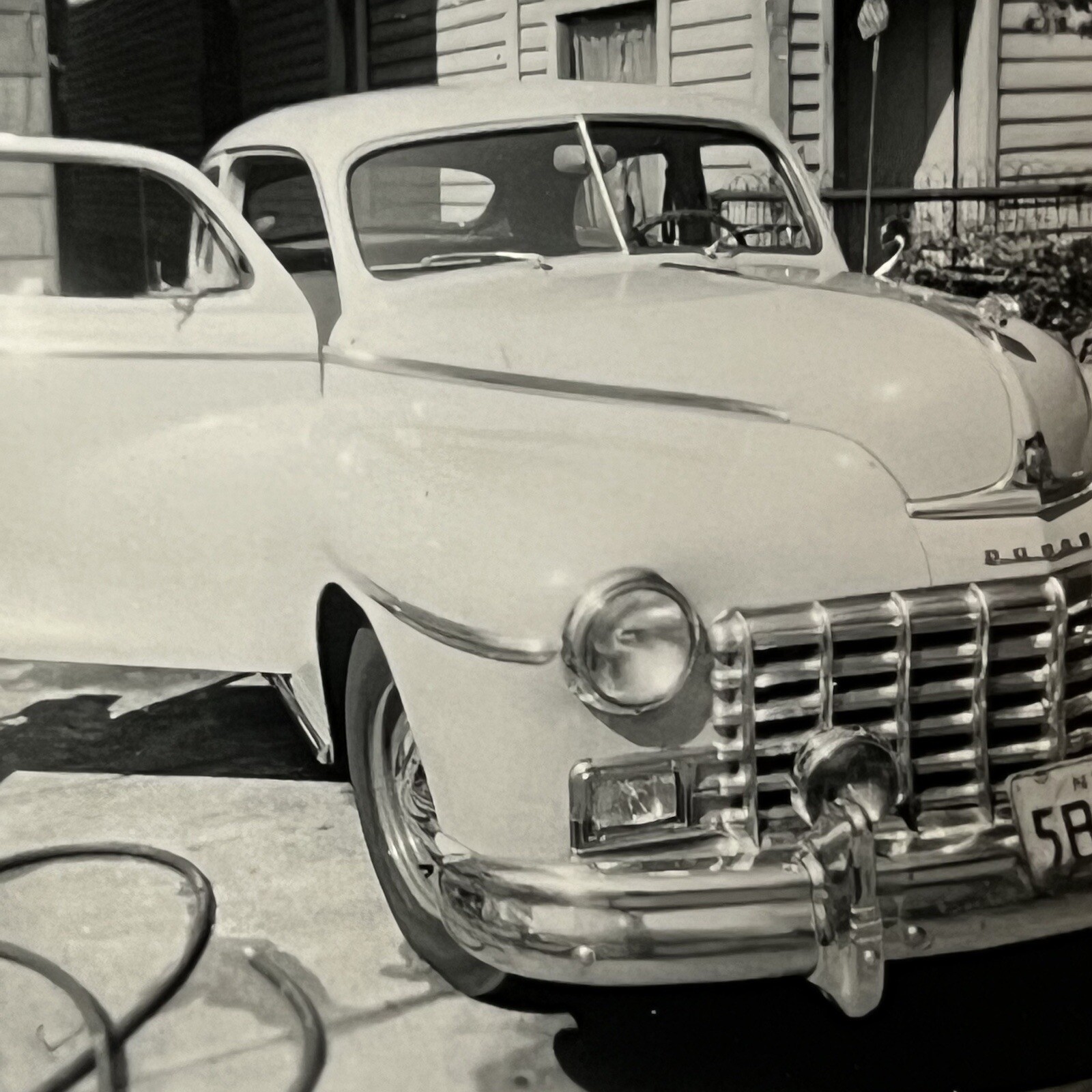 Vintage B&W Snapshot Photograph Beautiful Dodge Deluxe Club Coupe Car