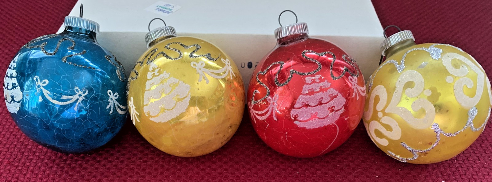 LOT 4 VINTAGE MADE WEST GERMANY XMAS ORNAMENTS, GLASS, MICA & GLITTER. D.B.G.M.