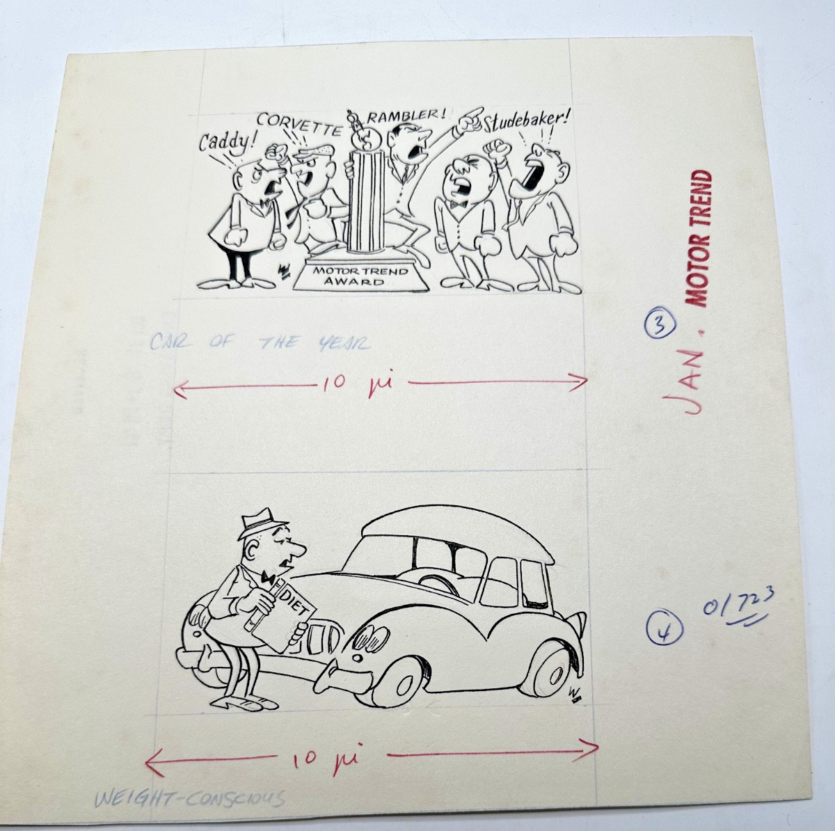 ORIGINAL MOTORTREND MAGAZINE GAG CARTOON ART FEBRUARY 1961