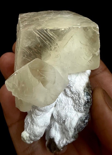 Calcite huge yellow crystal on Chalcedony base # 734