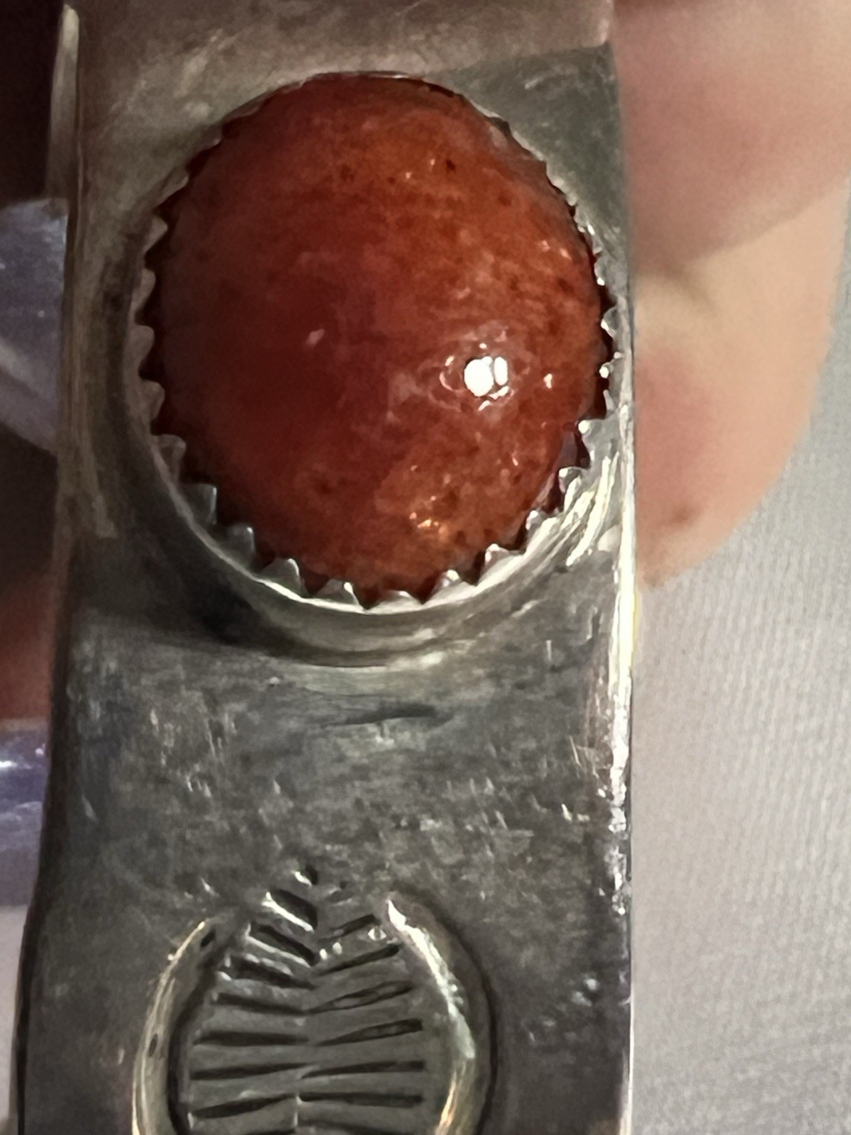 Vintage Navajo Jenn Sterling Silver Apple Coral Cuff Bracelet Hand Stamped 6.5”