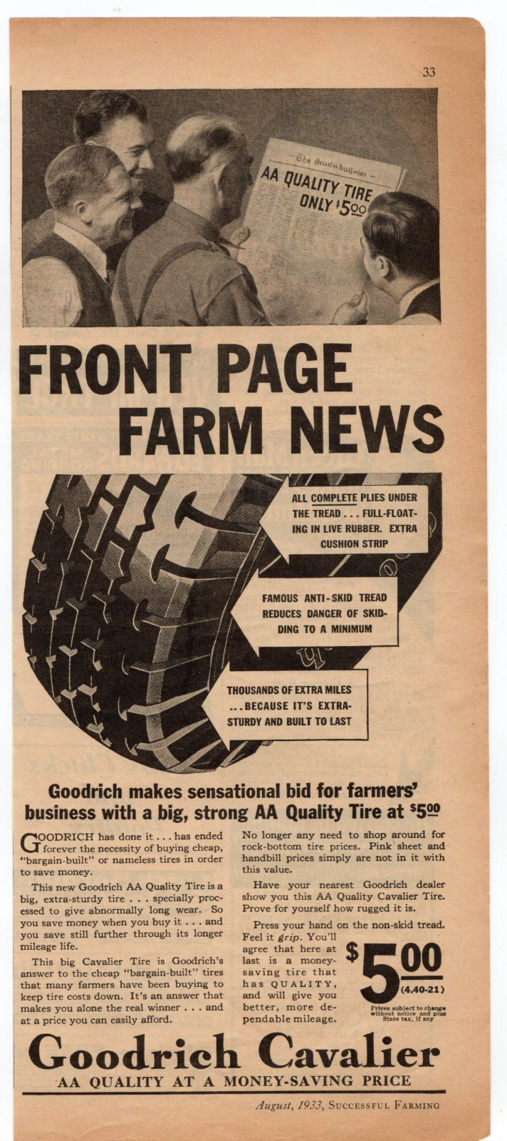 1933 Goodrich Cavalier Farm Tires Prewar Tractor Farm Equipment Ad