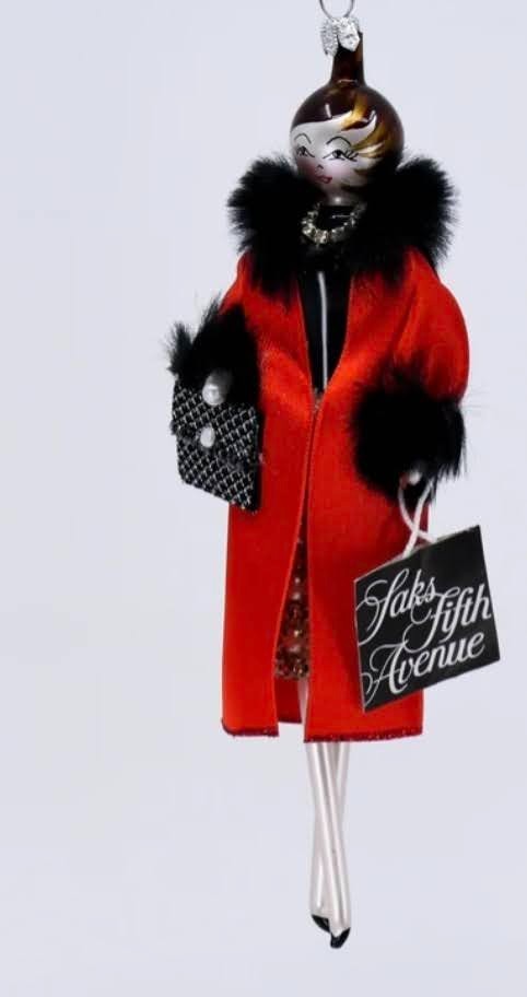 Soffieria De Carlini Saks Fifth Avenue Fashion Lady Red Coat Glass Ornament