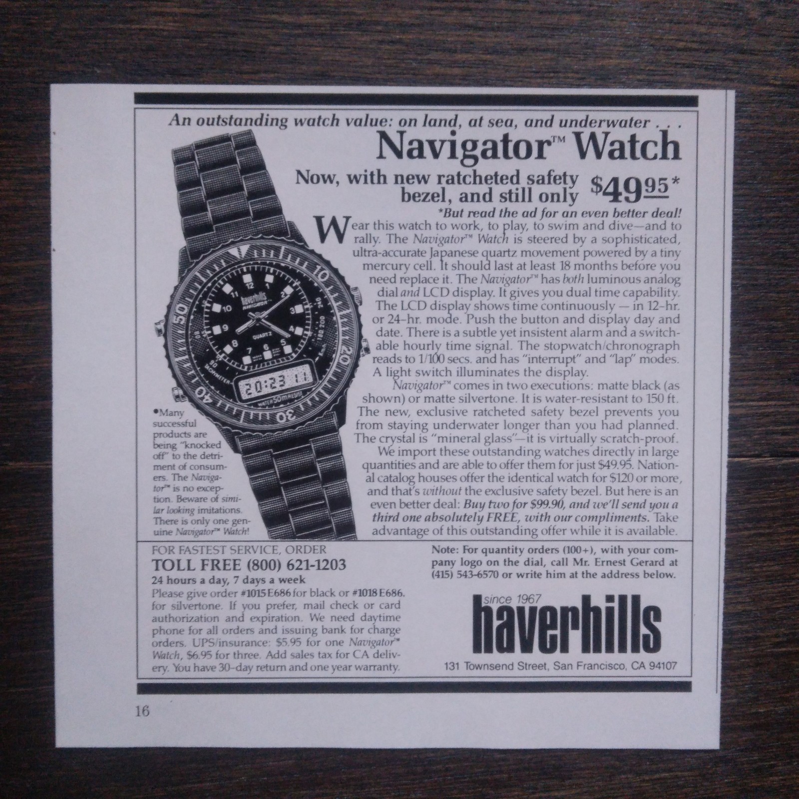 1988 Vtg Print Ad Haverhills The Navigator Watch Townsend St San Francisco CA
