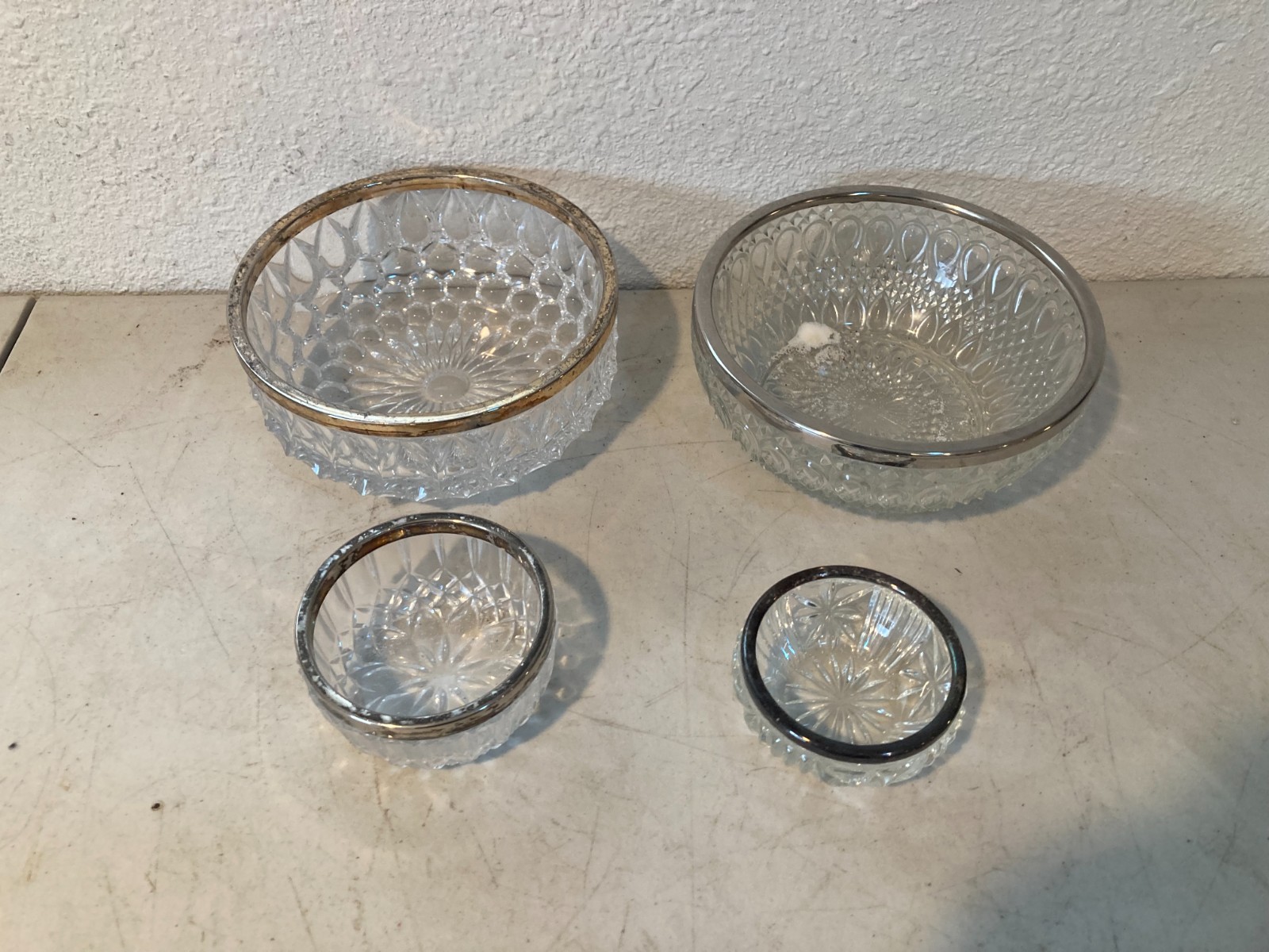 Lot 2 Set Pair of Metal-Rimmed, Heavy, Glass Bowls (8.5 and 4.5 inch diameters)