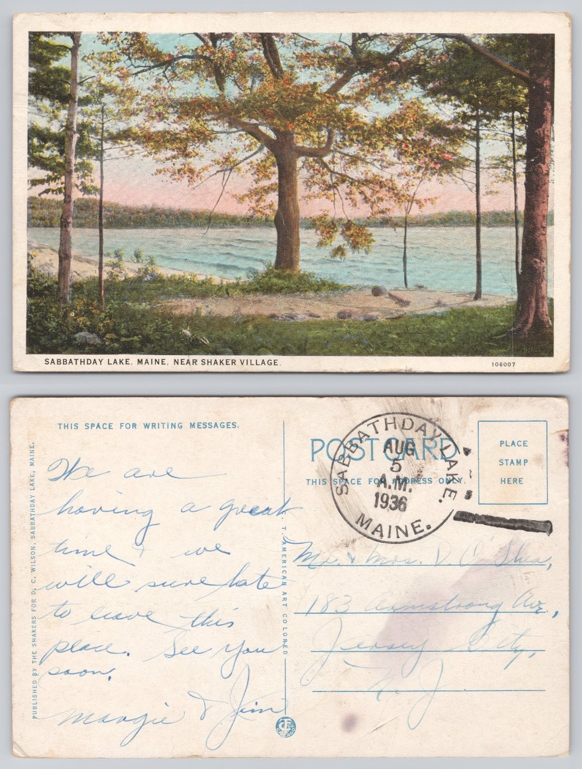 Sabbathday Lake Maine Postcard 1936 Shaker Village Scenic View