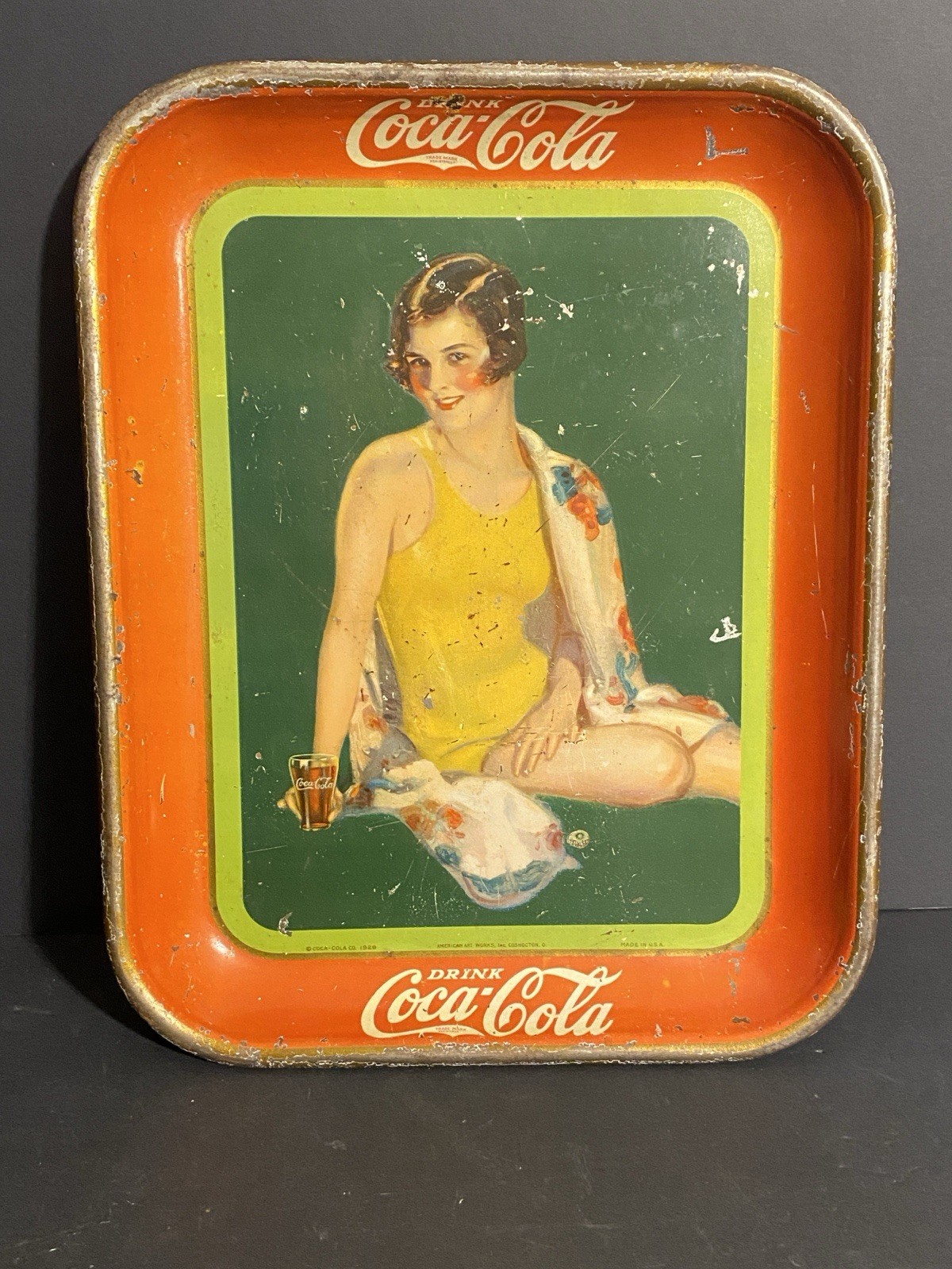 Vintage 1929 Coca-Cola Metal Serving Tray Bathing Girl Yellow Swimsuit Original