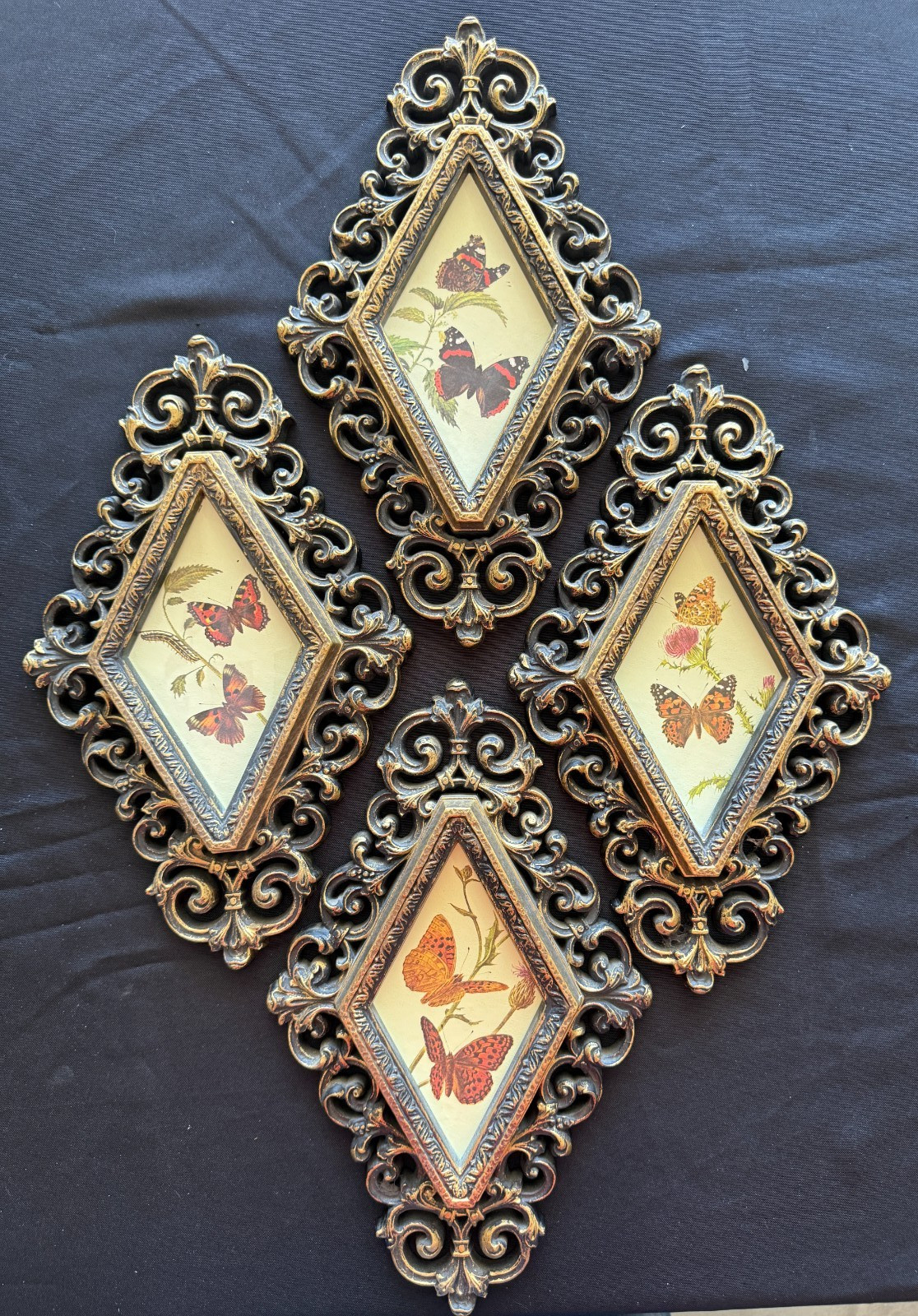 Vintage 1976 Burwood Butterfly Wall Plaques Set of 4 Diamond Gold Black