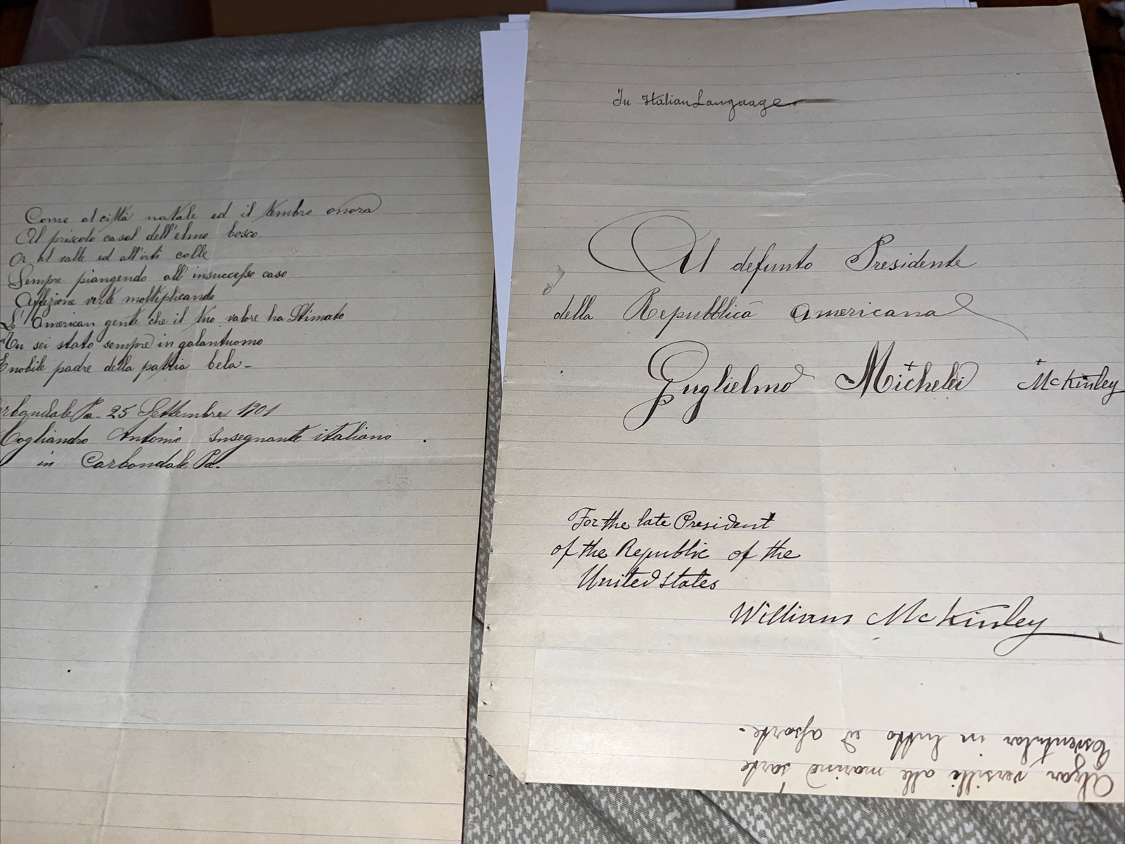 Antique Carbondale PA Shoemaker Italian Poem on President McKinley Assassination