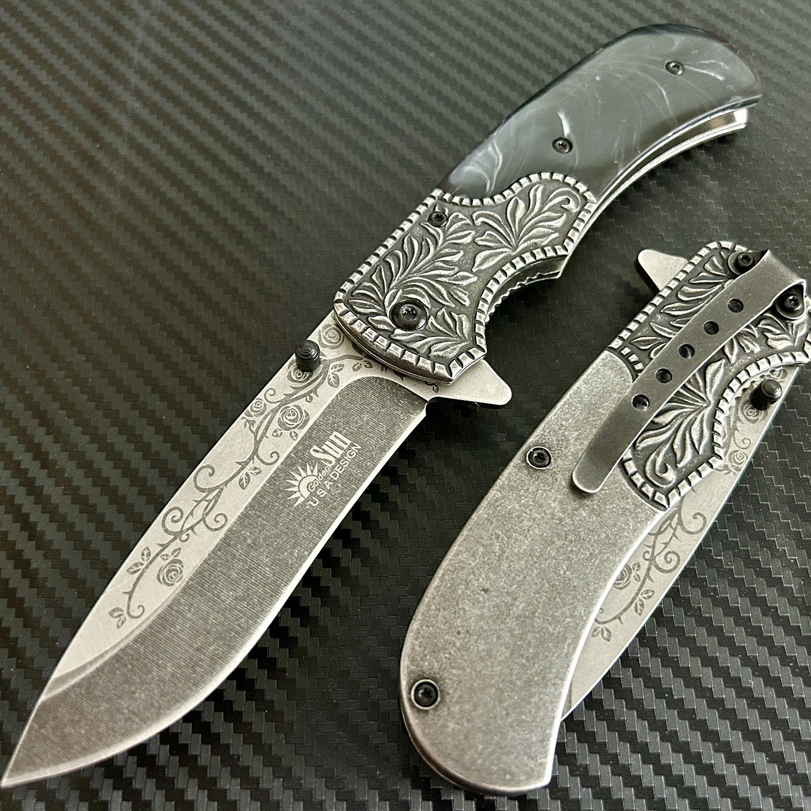 8.5” Black Rose Engraved EDC Tactical Spring Assisted Open Folding Pocket Knife