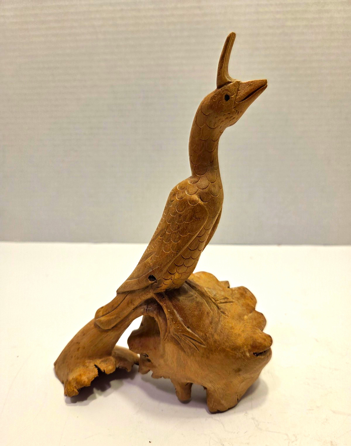 Vintage Hand Carved Wooden Heron Egret Bird Sculpture Folk Art Root Base