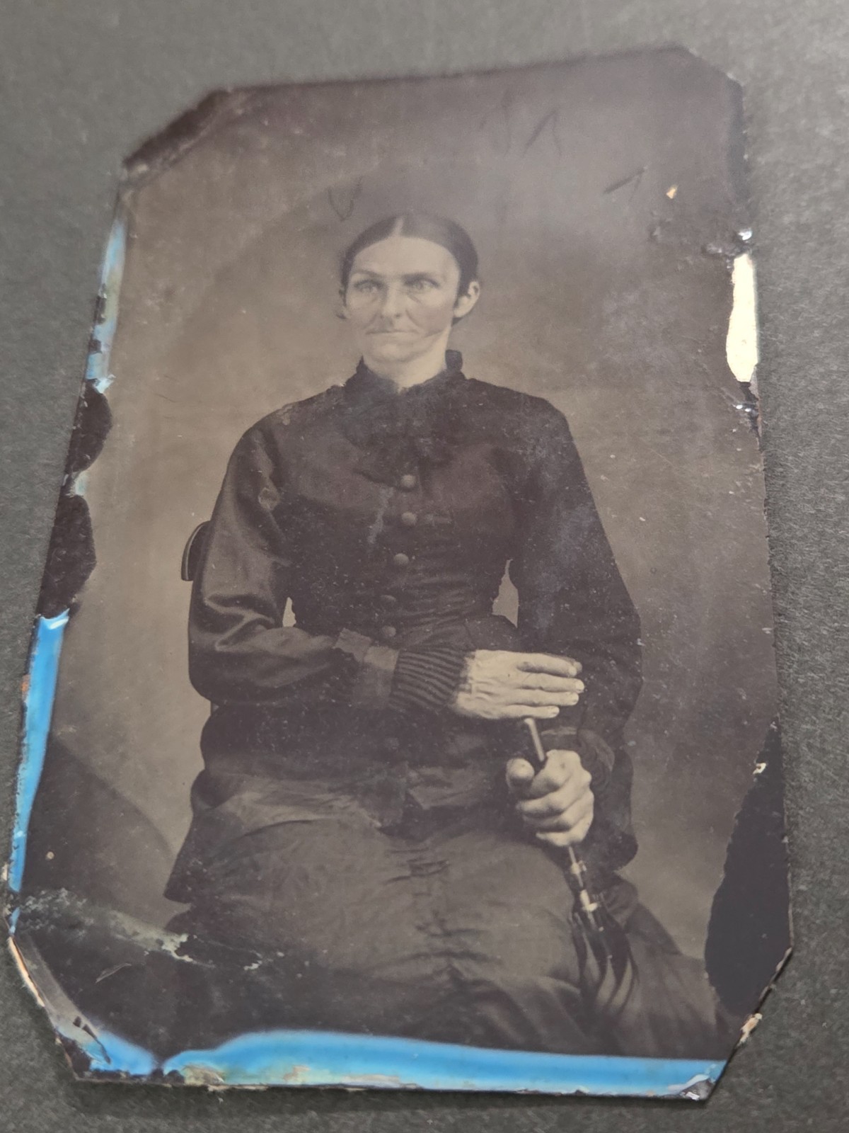 Antique Tin Type 1800\'s Lady w/Pink Cheeks Holding Umbrella 