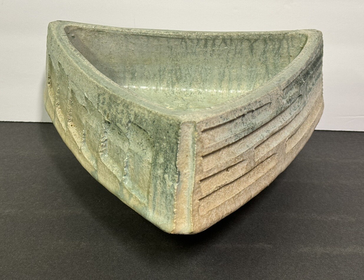 Antique Triangle Shaped Japanese Ikebana Signed Bonsai Tree Planter