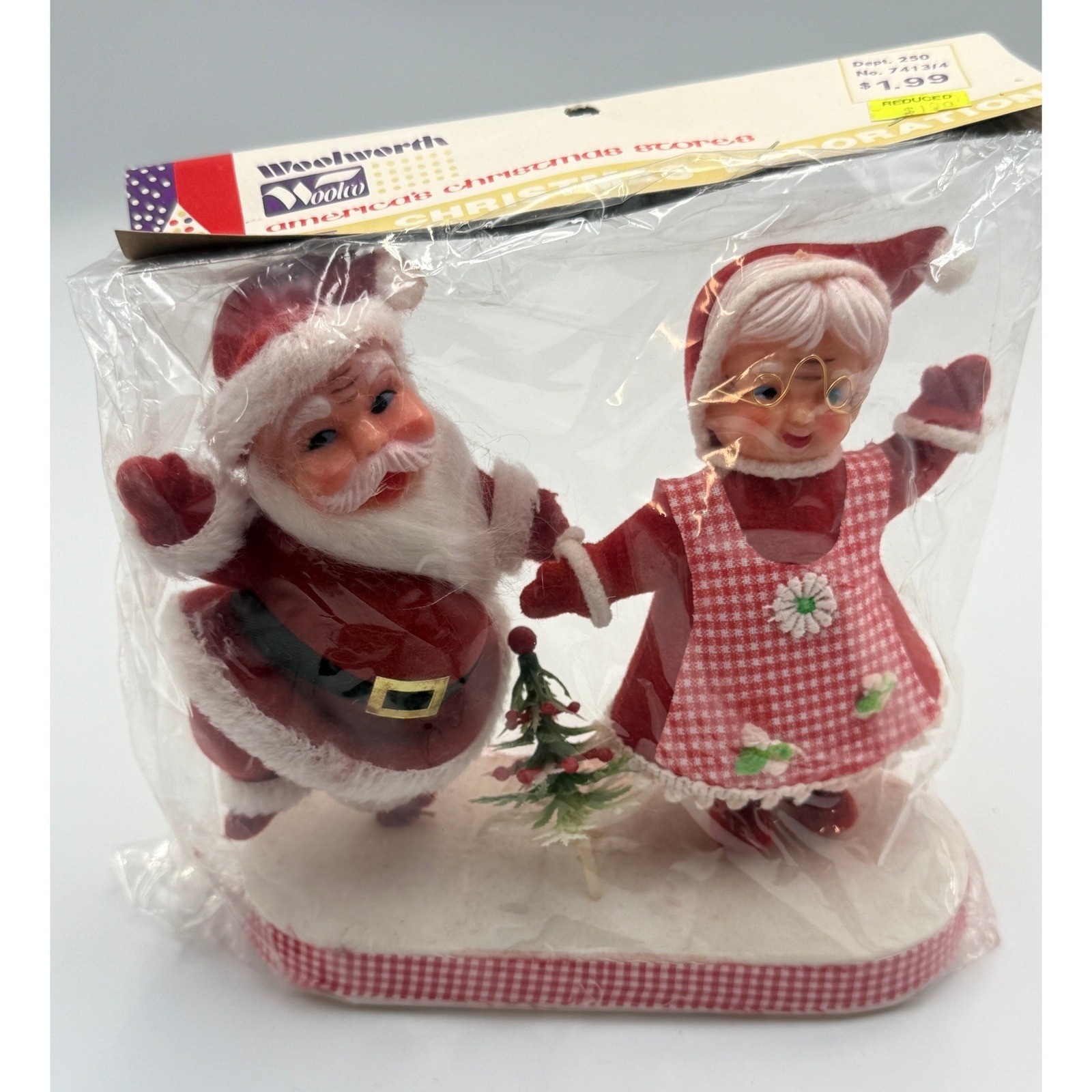 Vintage Woolworth Christmas Decoration Mr and Mrs Claus Flocked Figures NOS