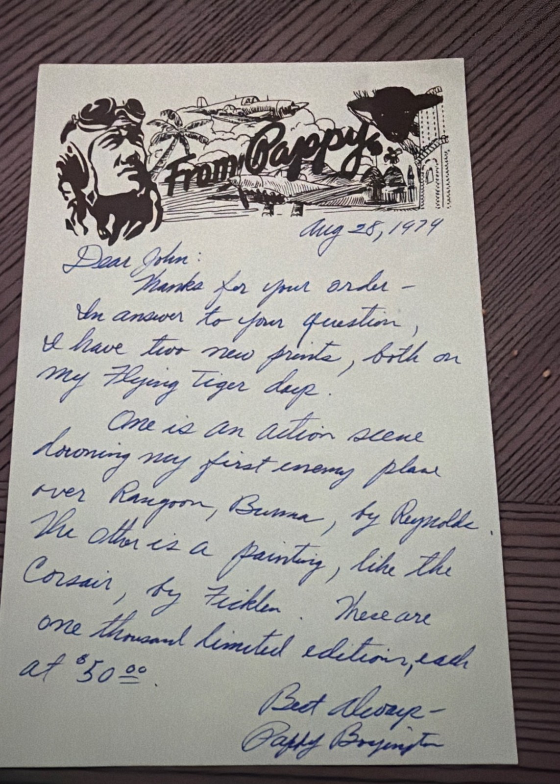 Pappy Boyington Handwritten Signed Letter 1979 Flying Tigers Ficklen Print