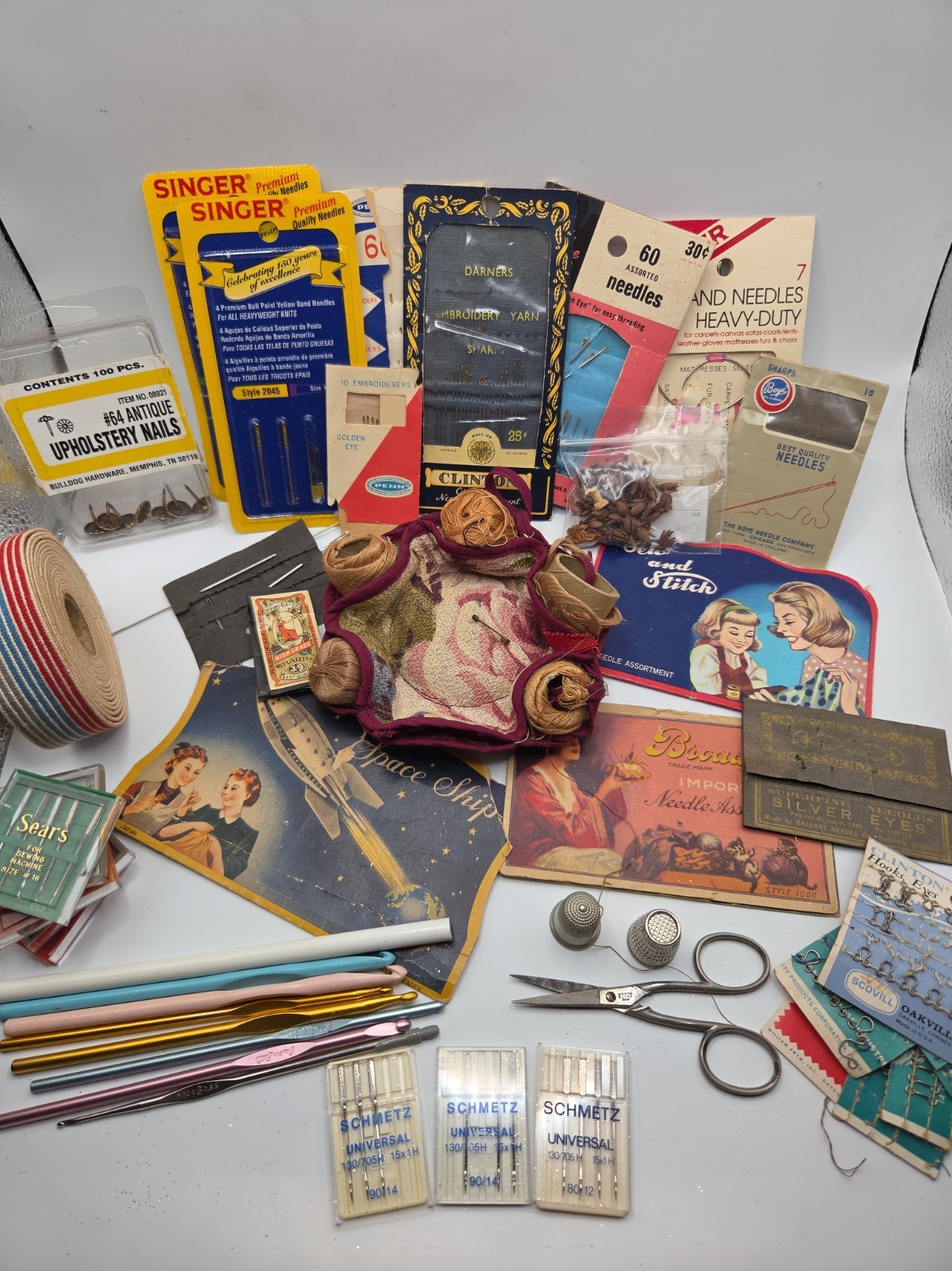 VTG Sewing Notions Lot Thread Buttons Silver Thimbles Scissors Knit Needles MORE