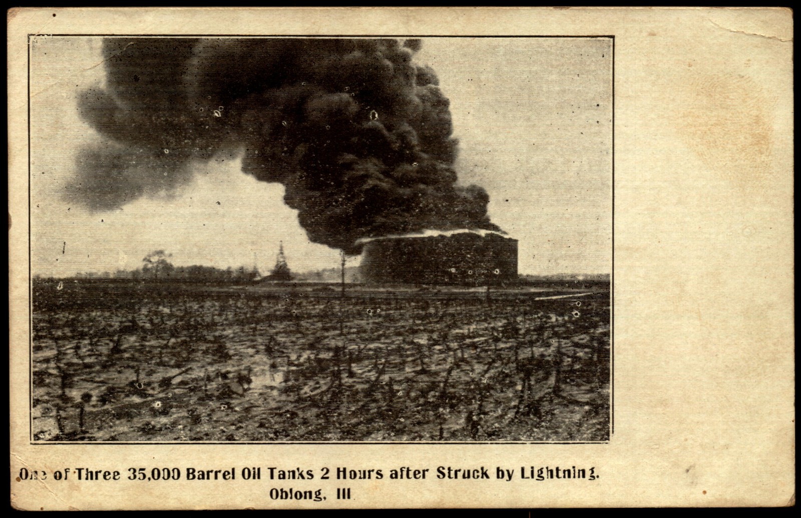 Postcard IL Oblong Illinois Oil Tank on Fire After Lightning Strike c1910 F10