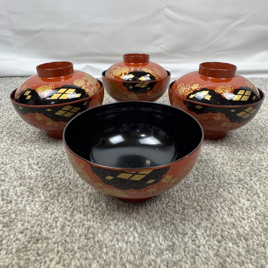 5 Showa Period Wajima-Nuri Owan Serving Bowls 4 Lids & Lacquered Wood Tray Japan