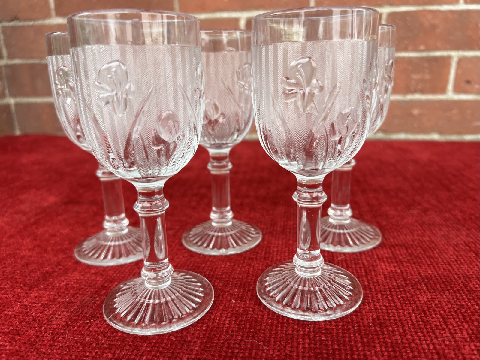 Jeannette Iris & Herringbone 5 Vintage Wine Cocktail Glasses ~ Stemware Goblets