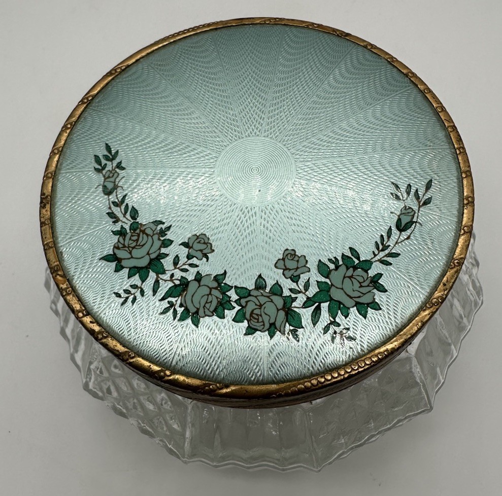 VTG 1930’s Guilloche Enamel Blue Lid Glass Dresser Jar Powder Trinket Makeup