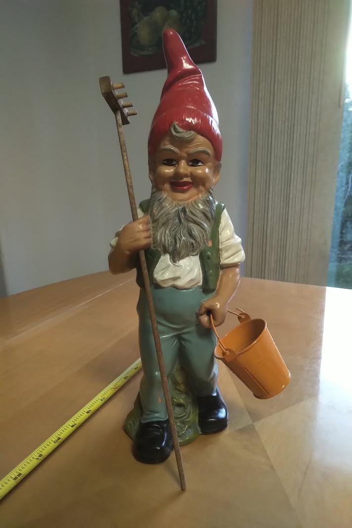 Vintage Heissner Garden Gnome West Germany Terra Cotta Pottery with Bucket Rake