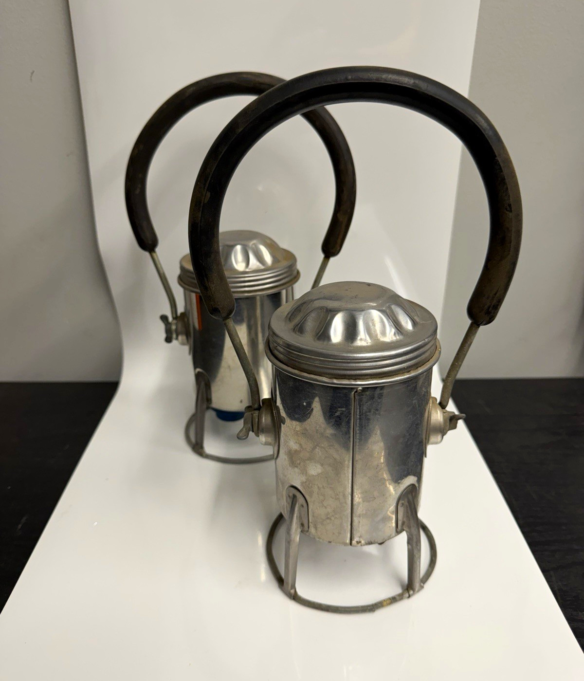 Lot of 2 Vintage Metal Railroad Lanterns, Curved Carry Handles, Wire Guards