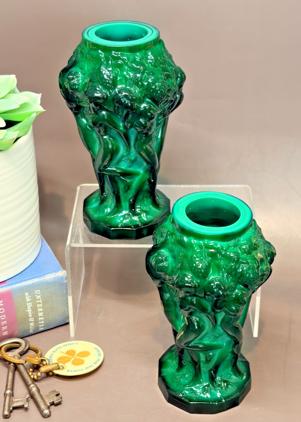 Vintage Malachite Green Slag Glass Grecian Dancing Nudes Urn Vase Art Deco